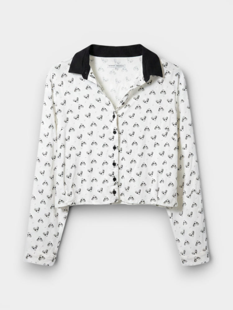 Ivory Cropped Button-Front Printed Blouse