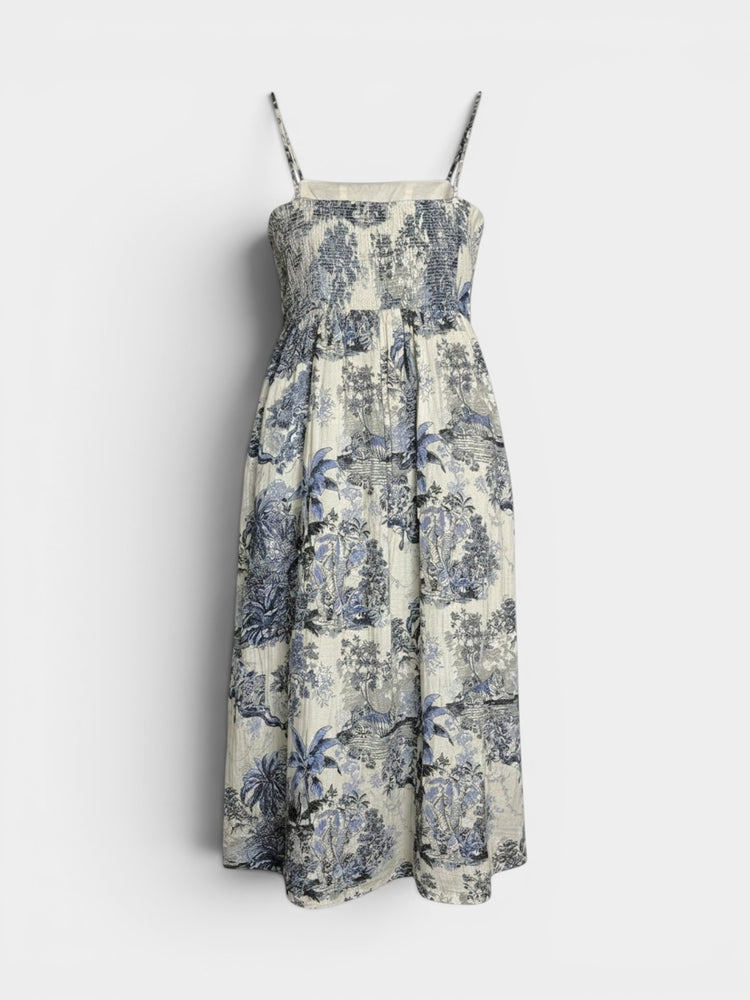 Ivory Blue Toile De Jouy Smocked Bodice Midi Sundress