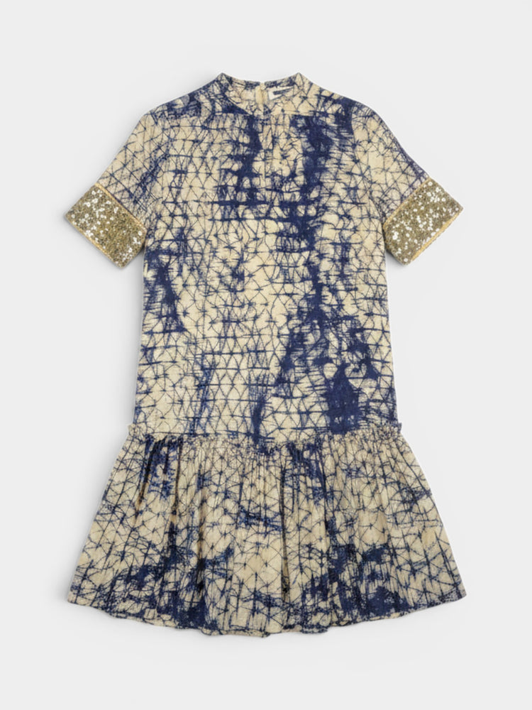 Navy Cream Silk Midi Dress