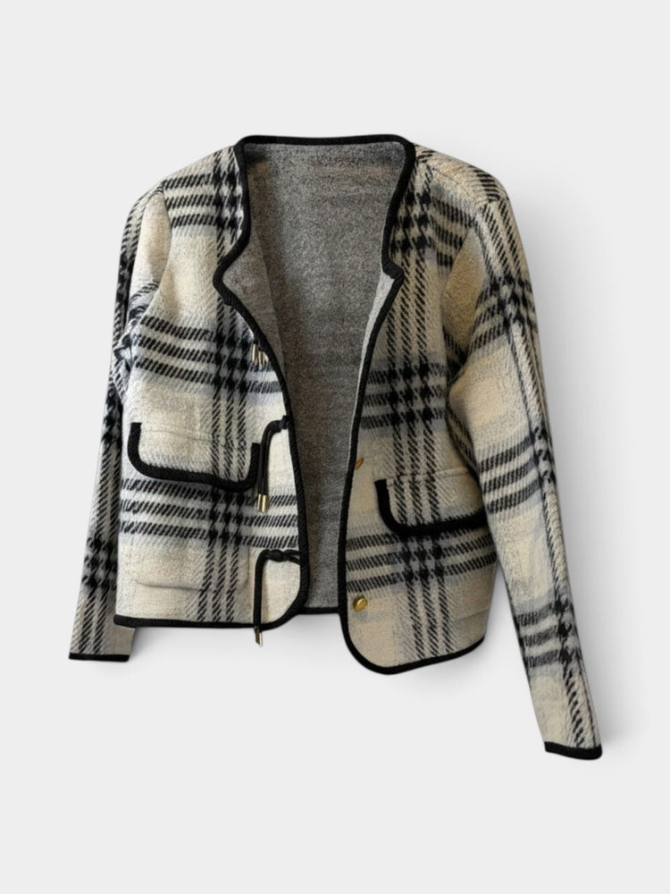Plaid Cropped Wool Jacket with Gold Toggle Closures