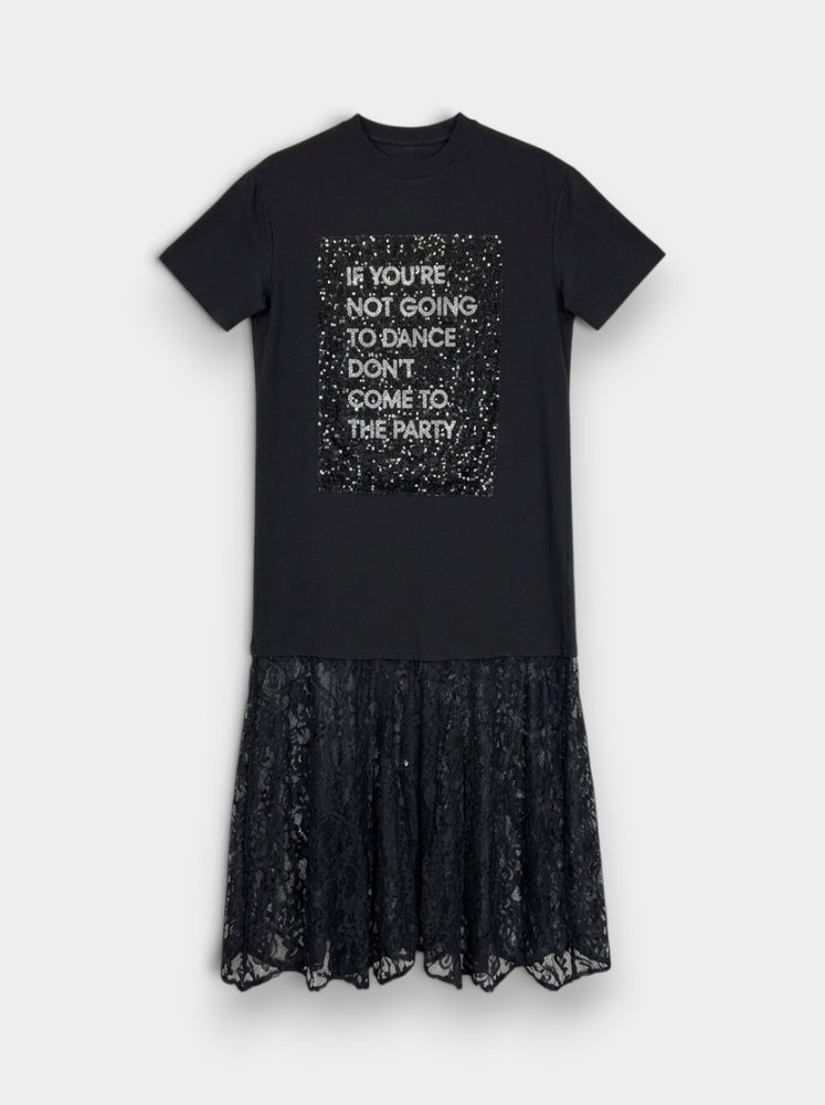 Black Graphic Lace Hem T-Shirt Midi Dress