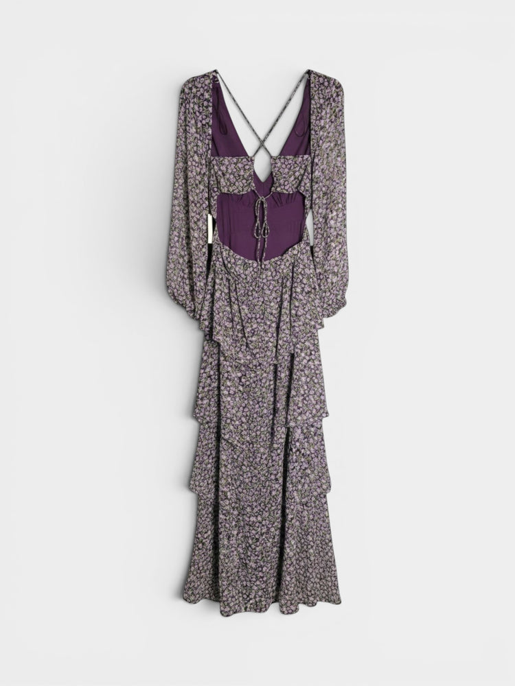 Purple Floral Long Sleeve Tiered Dress