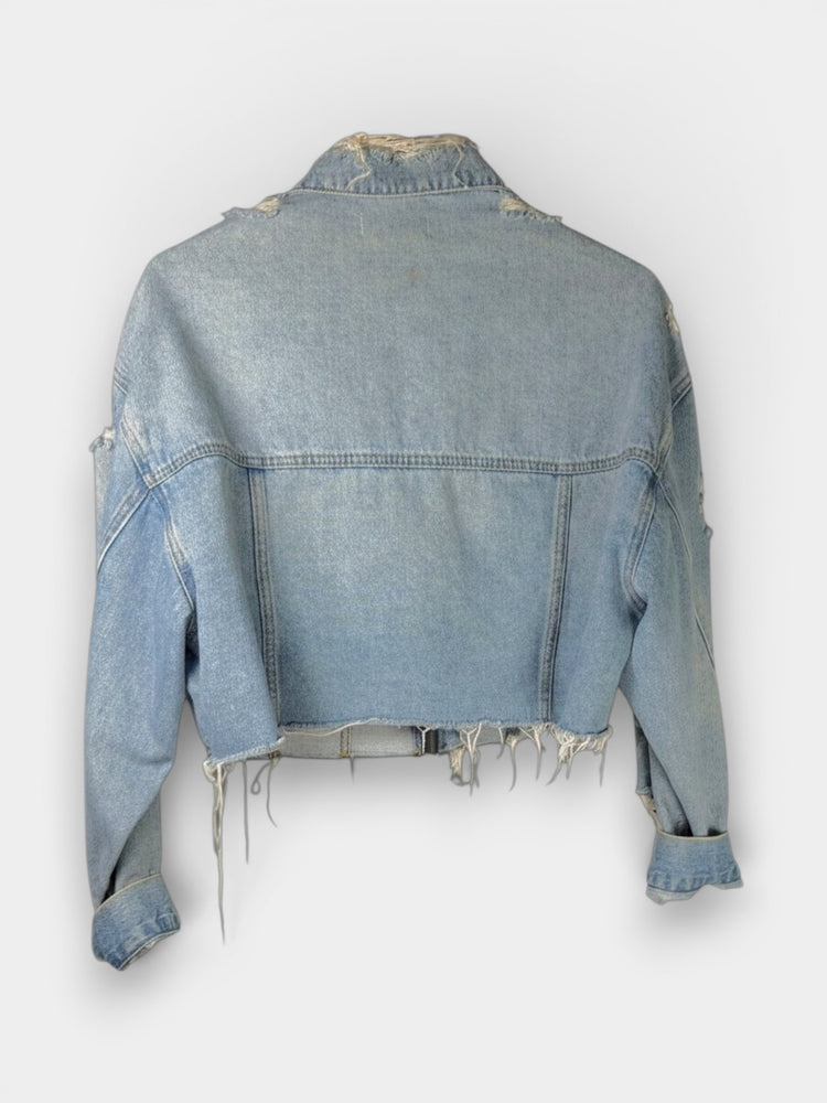 Light Wash Distressed Cropped Denim Jacket