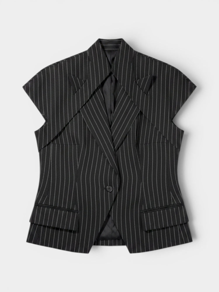 Black Pinstripe Wool Deconstructed Sleeveless Blazer Vest