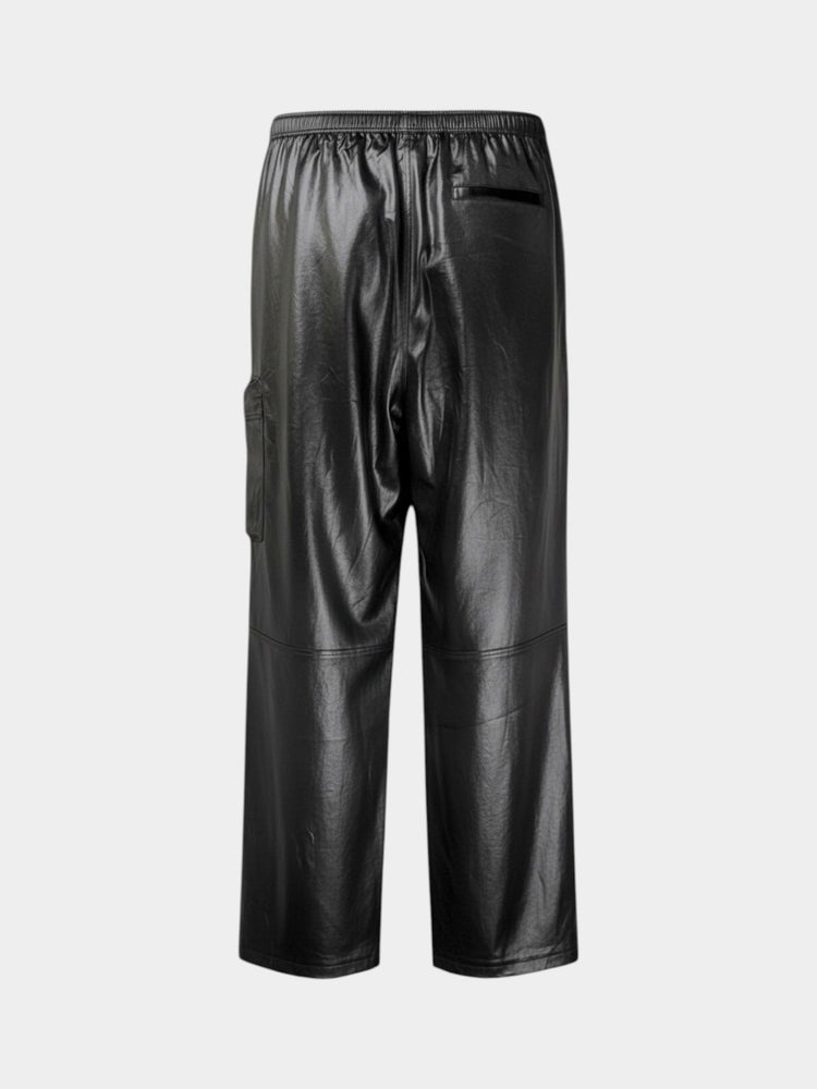 Black Faux Leather Cargo Straight Leg Pants