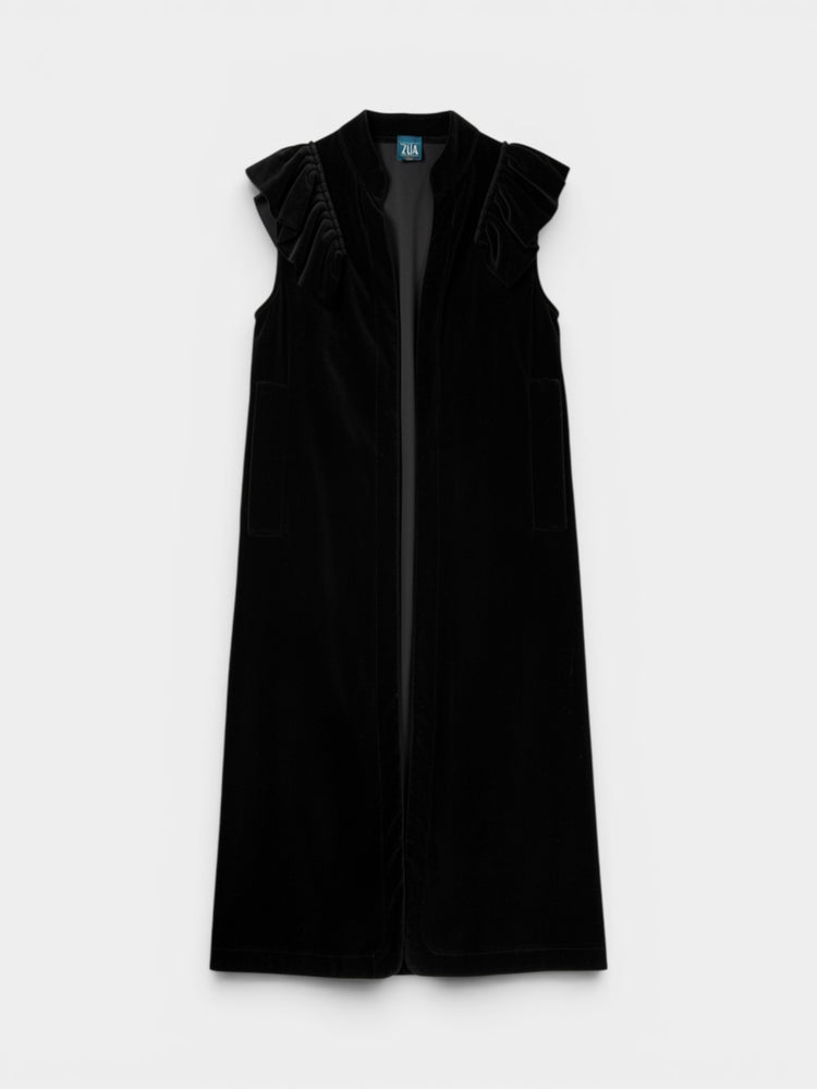 Black Velvet Sleeveless Open-Front Ruffle Duster