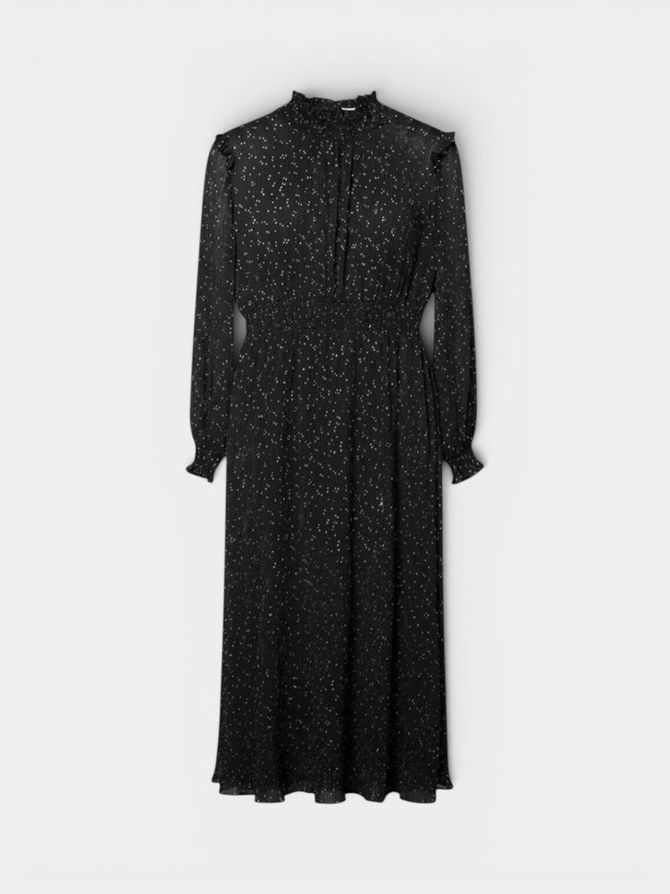Black Dot Print Long-Sleeve Midi Dress with Ruffle High Neck
