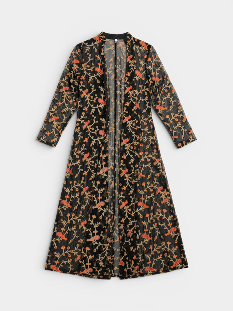Black Embroidered Print Maxi Duster Coat