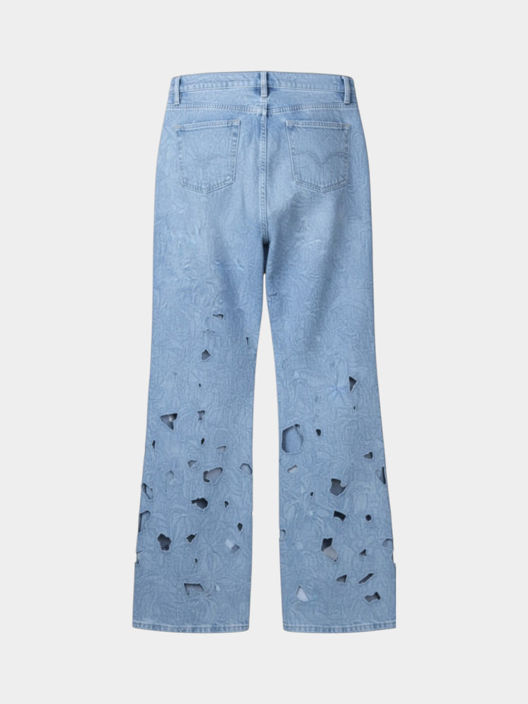 Blue Floral Cutout Wide-Leg Jeans