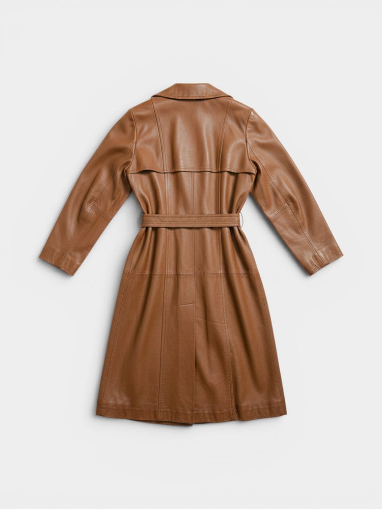 Vintage Cognac Leather Belted Trench Coat