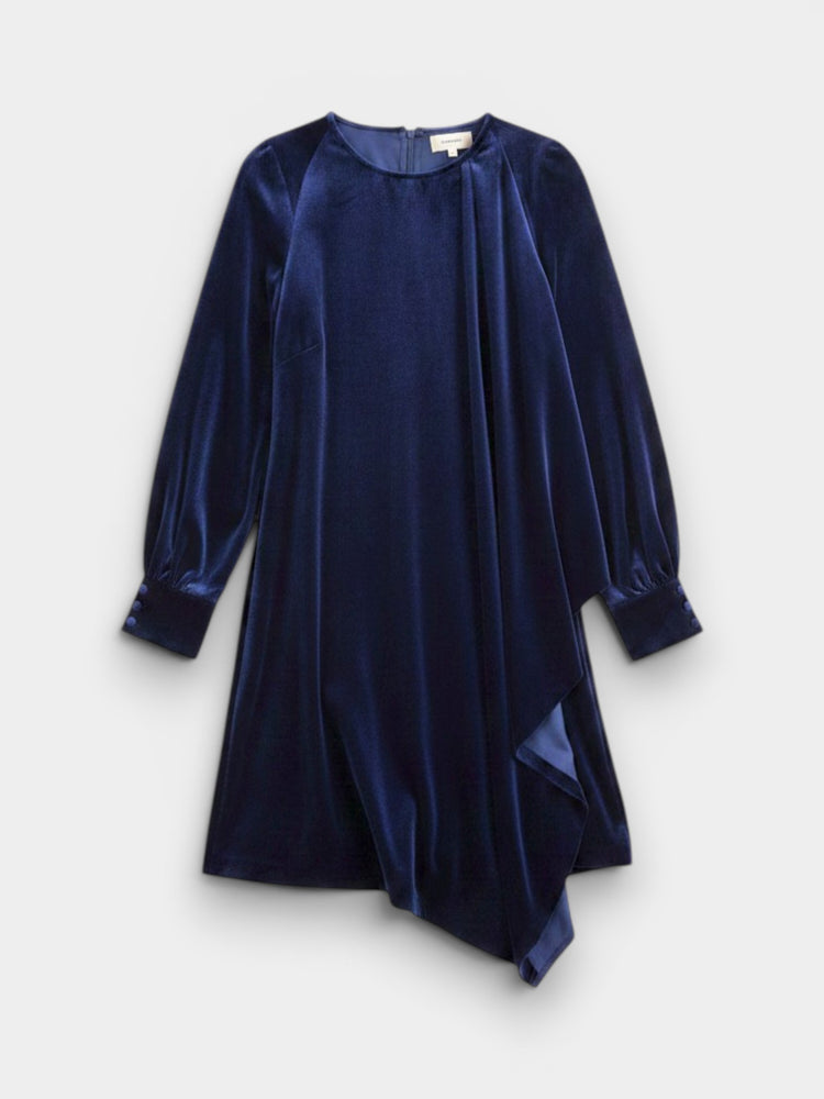 Navy Velvet Long-Sleeve Asymmetric Mini Dress