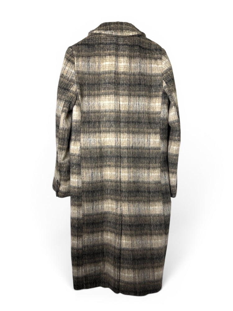 Gray Plaid Brushed Wool-Blend Long Coat