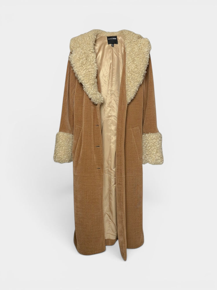 Tan Corduroy Maxi Coat with Faux Shearling Trim