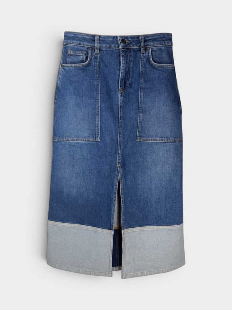 Blue Two-Tone Denim Maxi Skirt with Patch Pockets