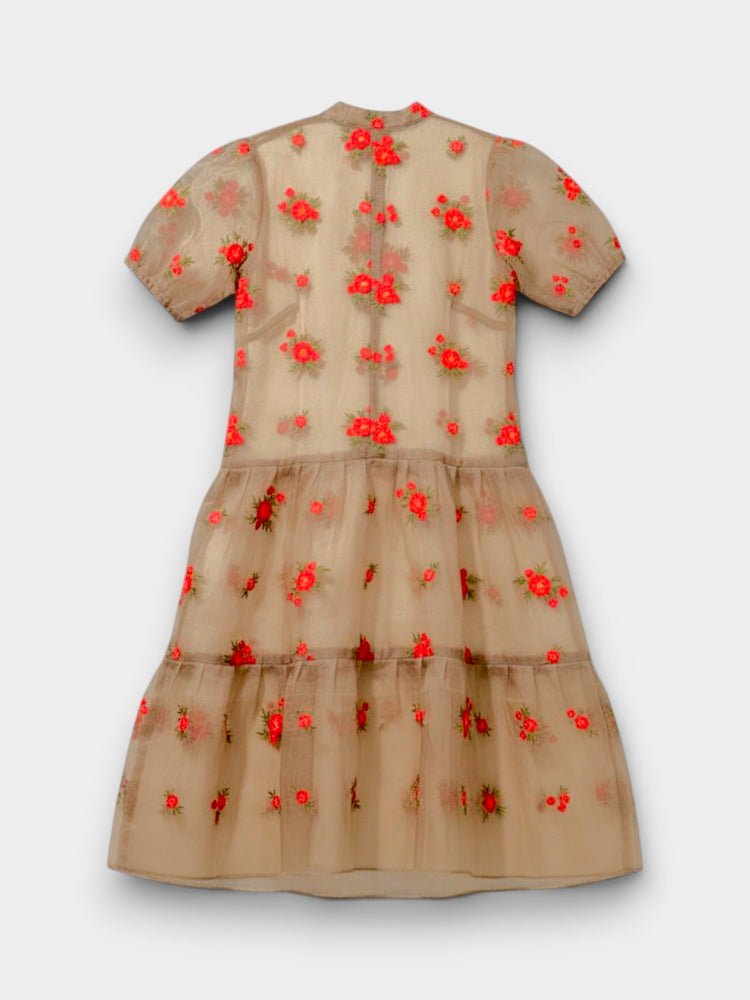 Beige Sheer Organza Floral Embroidered Tiered Midi Dress