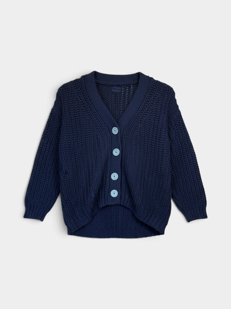 Navy Chunky Knit Cardigan with Light Blue Buttons