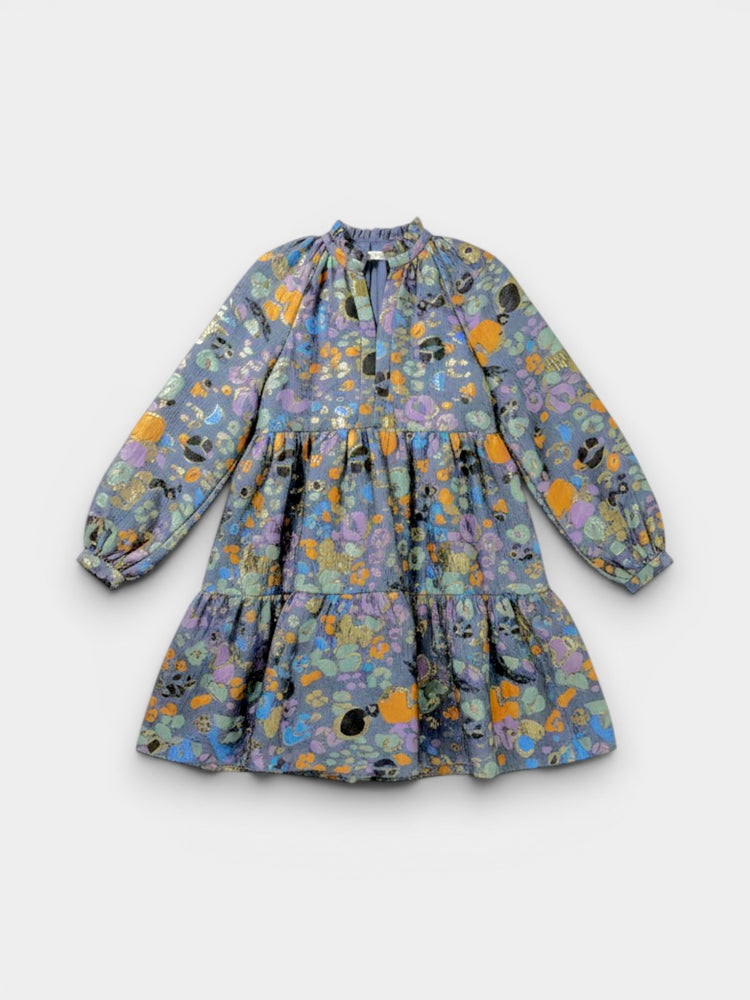 Blue Leopard Jacquard Puff Sleeve Tiered Dress Metallic