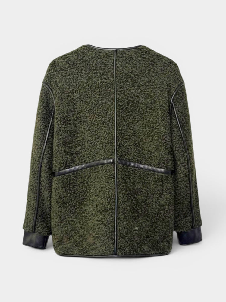 Green Bouclé Fleece Jacket with Black Leather Trim Toggle Closures