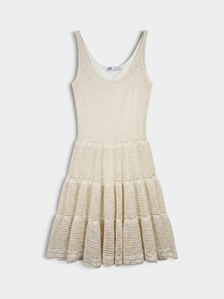 Off-White Crochet Knit Sleeveless Tiered Mini Dress