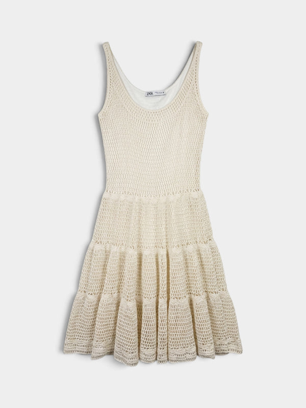 Off-White Crochet Knit Sleeveless Tiered Mini Dress