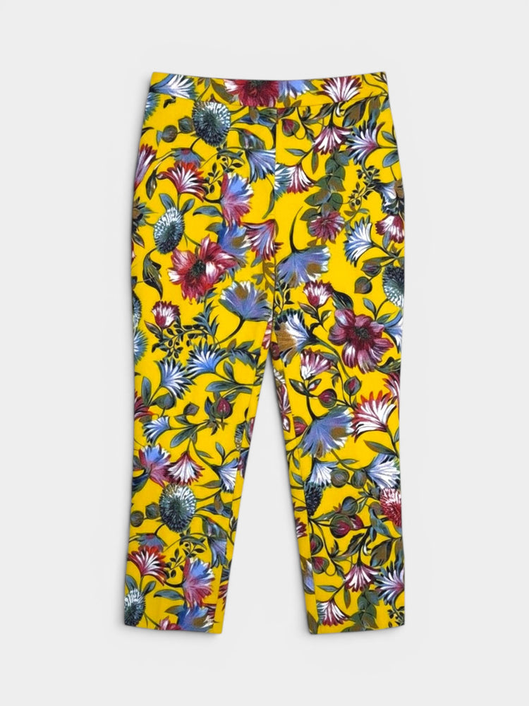Yellow Floral Print Cropped Slim Trousers