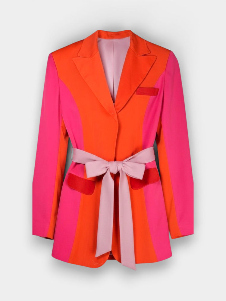 Orange Pink Color Block Belted Blazer Jacket
