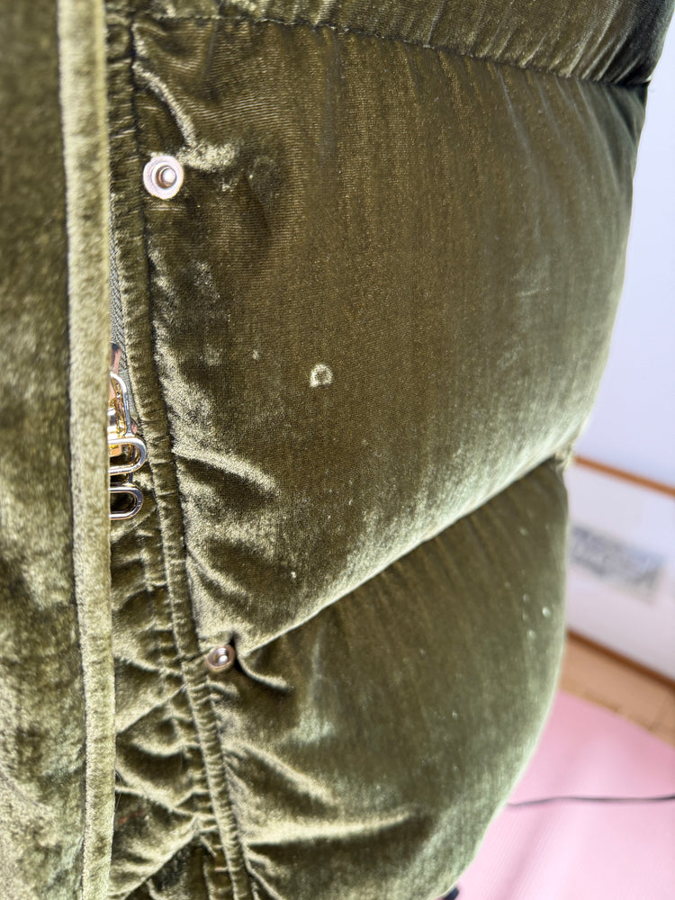 Olive Velvet Long Quilted Puffer Coat
