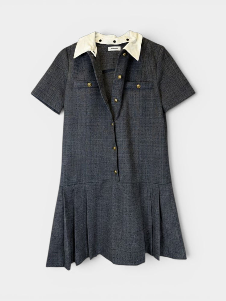 Charcoal Gray Plaid Drop Waist Pleated Mini Dress