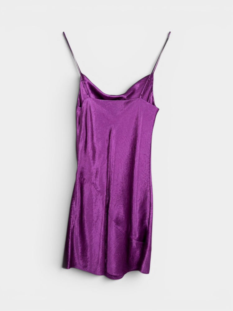 Purple Satin Cowl Neck Slip Mini Dress