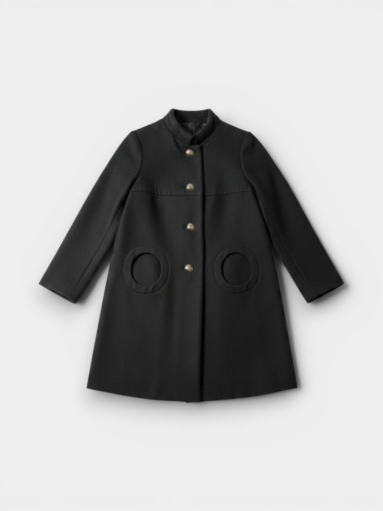 Black Wool A-Line Coat with Circle Pockets