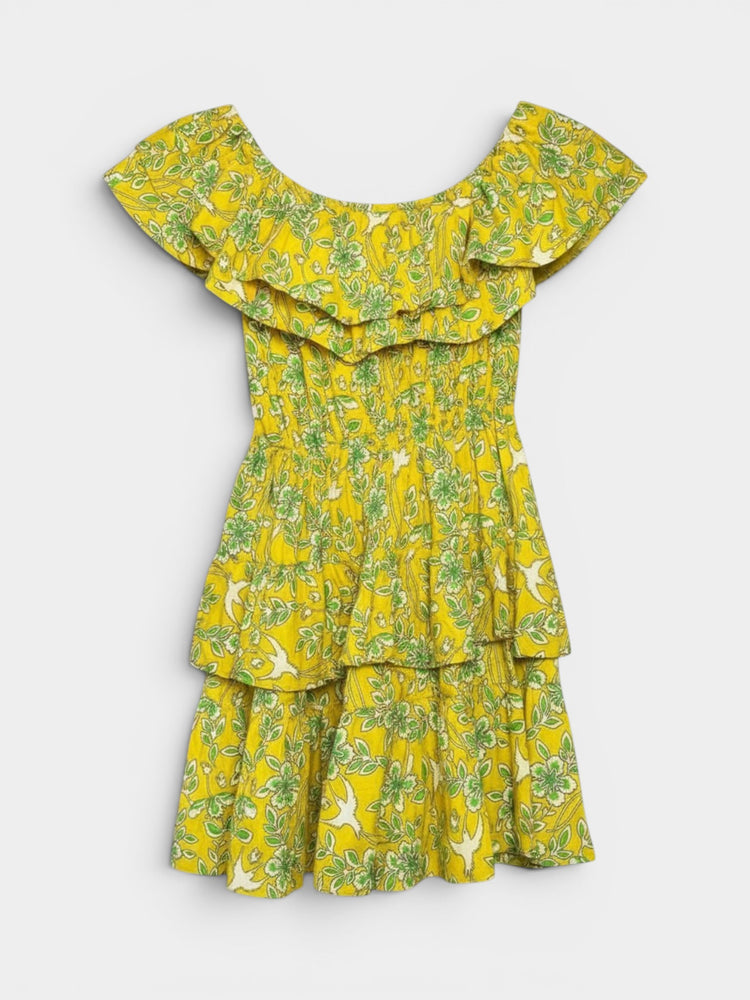 Yellow Floral Print Smocked Off-Shoulder Tiered Ruffle Mini Dress