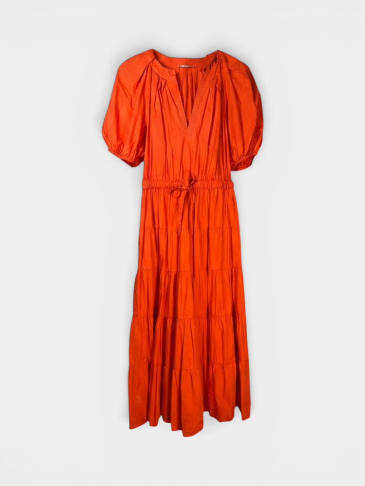 Orange Cotton Puff Sleeve Tiered Maxi Dress