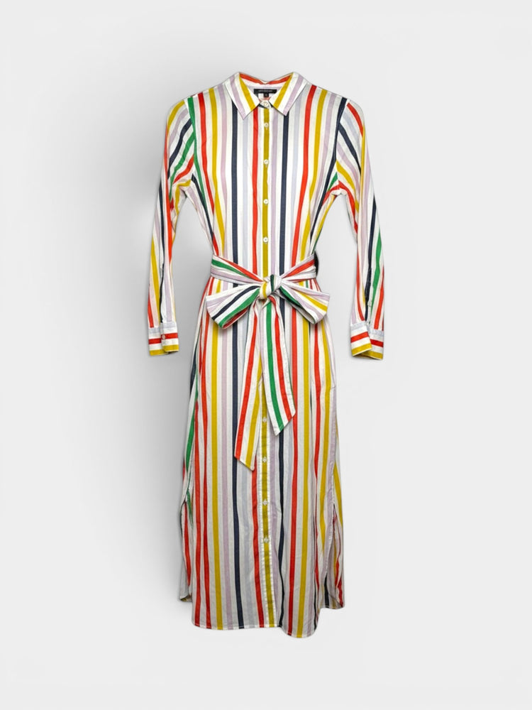 Multicolor Striped Cotton Midi Shirt Dress with Belt