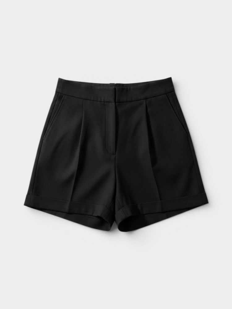 Black High-Waist Pleated Tailored Shorts