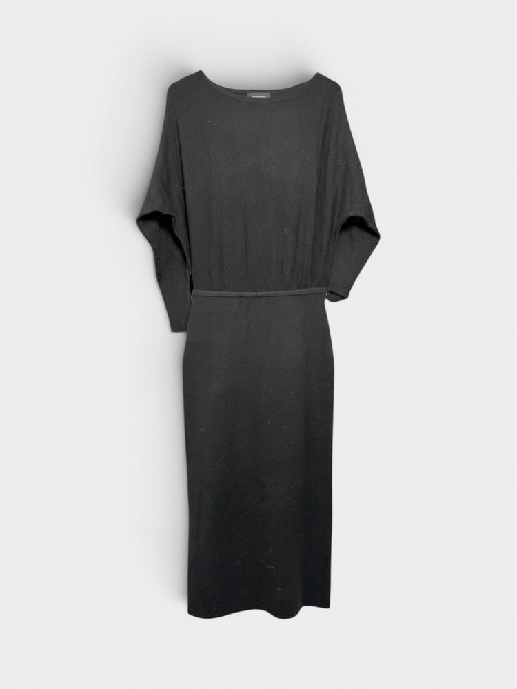 Black Knit Batwing Sleeve Belted Maxi Dress