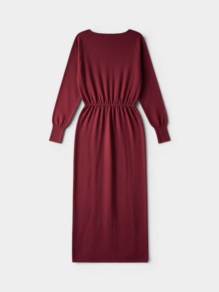 Burgundy Long-Sleeve Batwing Midi Knit Dress