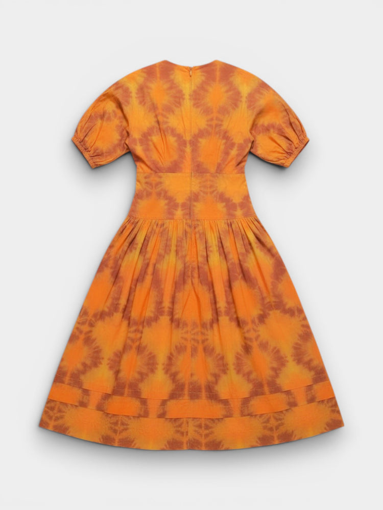 Orange Tie-Dye Midi Puff Sleeve Dress