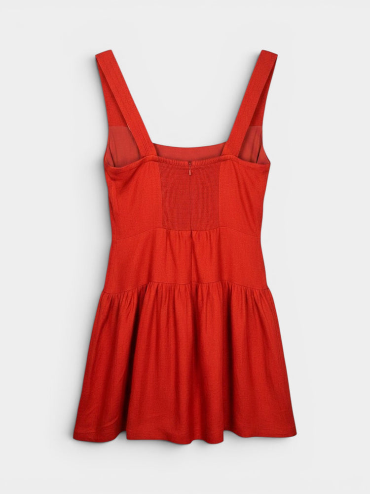 Red Linen Square Neck Bubble Mini Dress