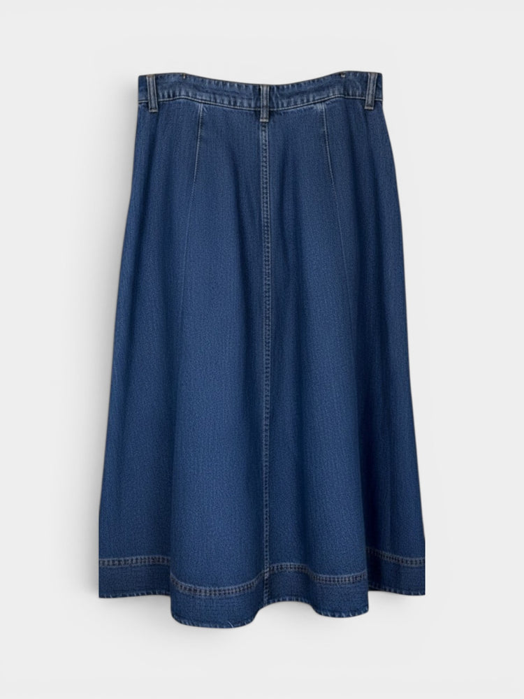 Blue Denim Pleated Midi A-Line Skirt