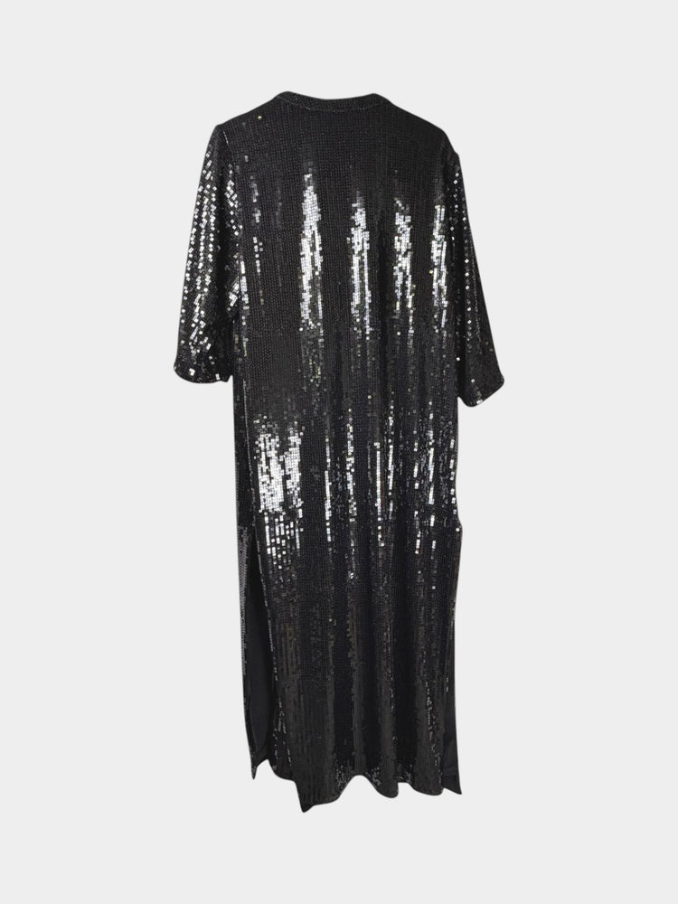 Black Silver Sequin Open-Front Maxi Duster Coat