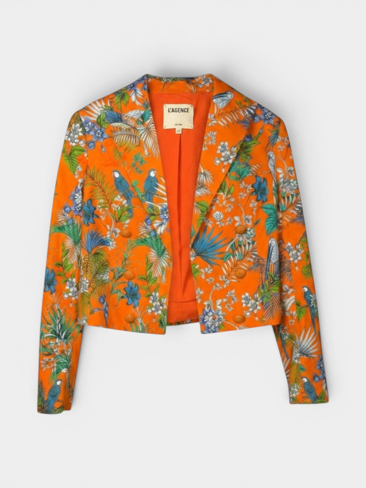 Orange Tropical Parrot Print Cropped Blazer