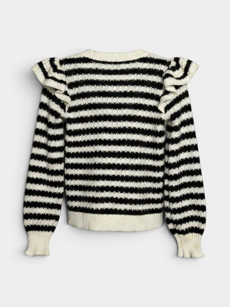 Black and Ivory Striped Ruffle Shoulder Knit Sweater
