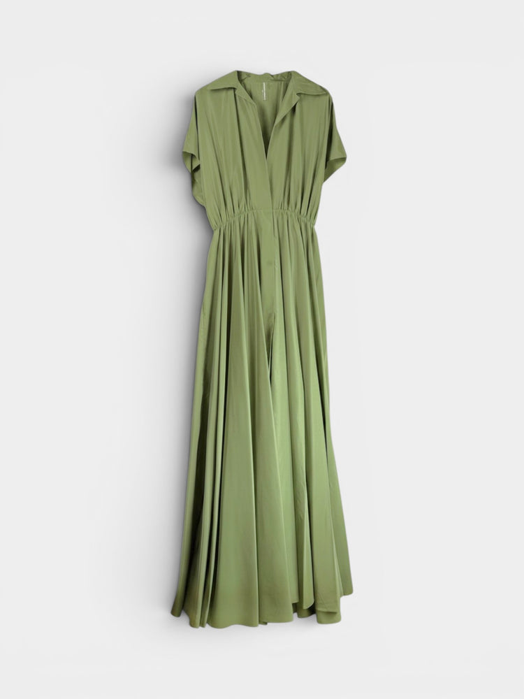 Sage Green Maxi Shirt Dress with Elasticated Waist and Flutter Sleeves