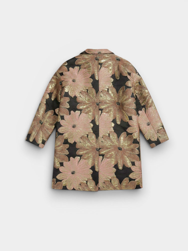 Black Gold Floral Brocade Jacquard Oversized Coat