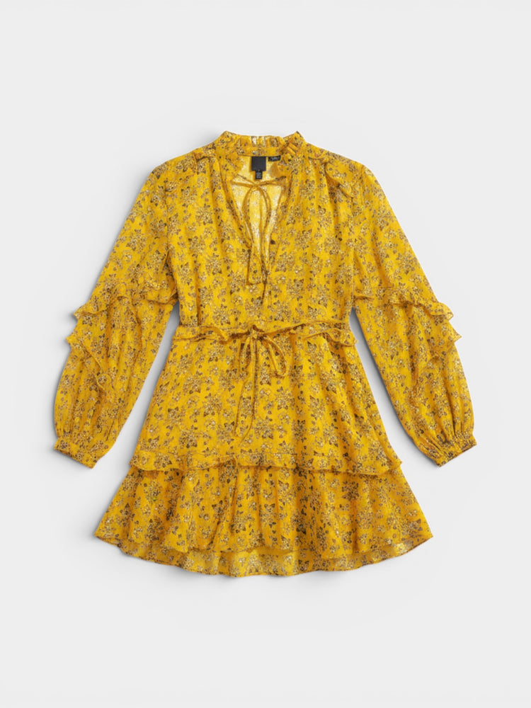 Yellow Floral Print Ruffle Mini Dress