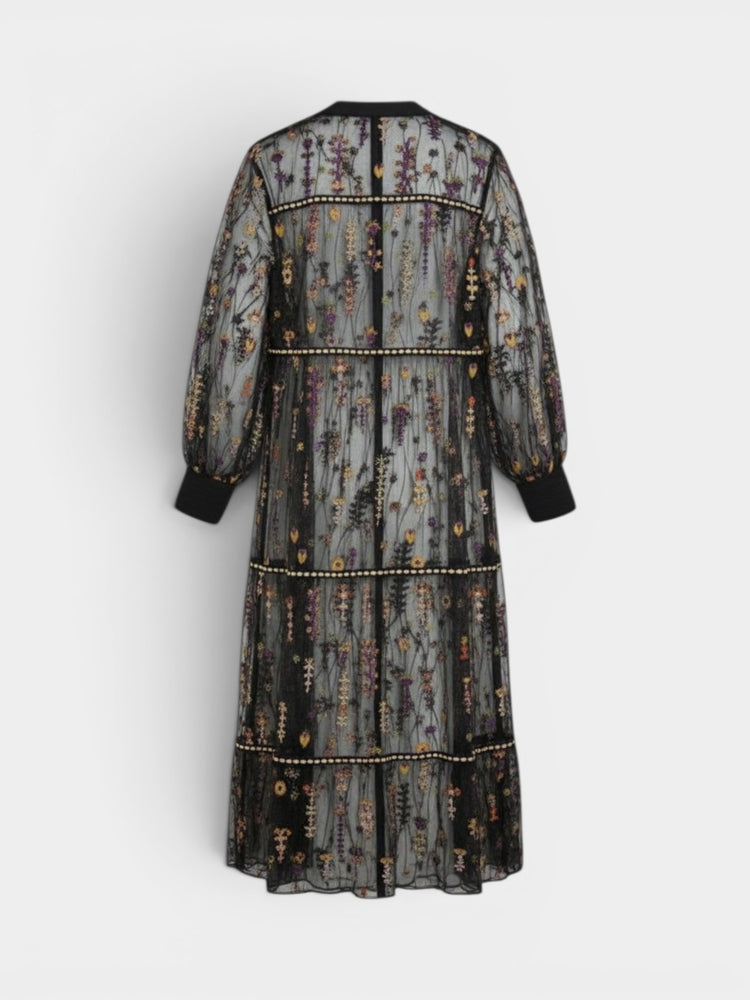 Black Floral Embroidered Sheer Mesh Duster