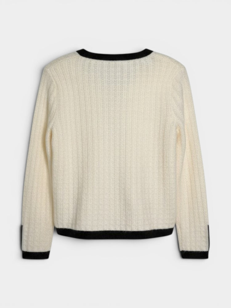 Ivory Cable Knit Cardigan with Black Trim and Gold Buttons