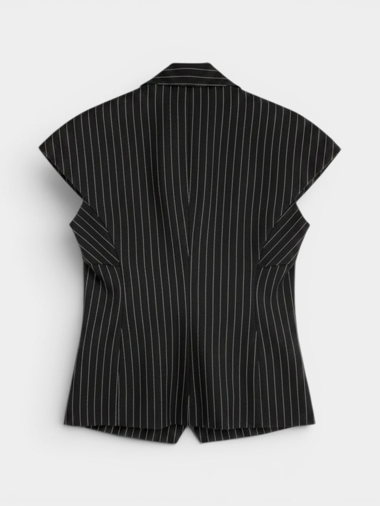 Black Pinstripe Wool Deconstructed Sleeveless Blazer Vest