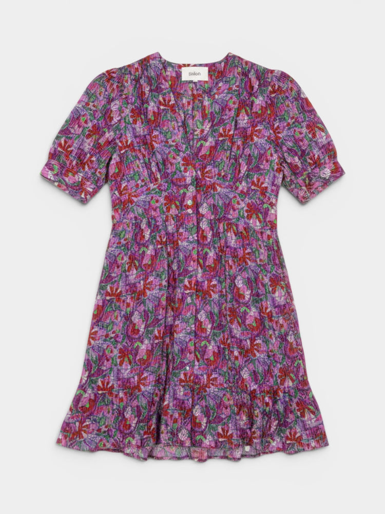 Purple Floral Print Puff Sleeve Mini Dress