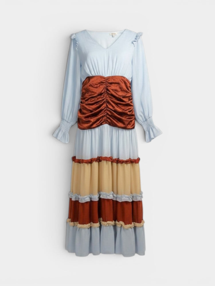 Light Blue Rust Colorblock Ruched Tiered Maxi Dress